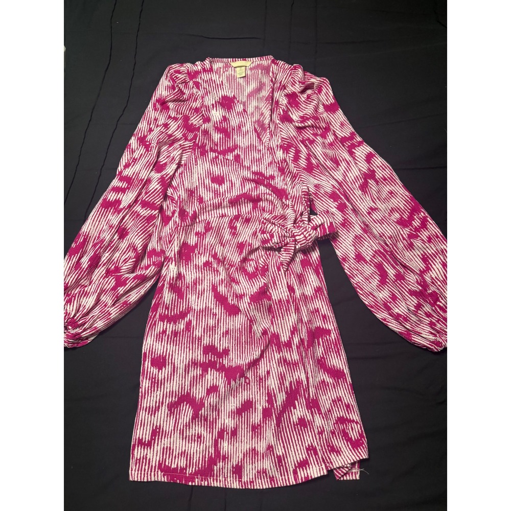 HM Pink White Abstract Ikat Wrap Dress Balloon Sleeve V-Neck Large